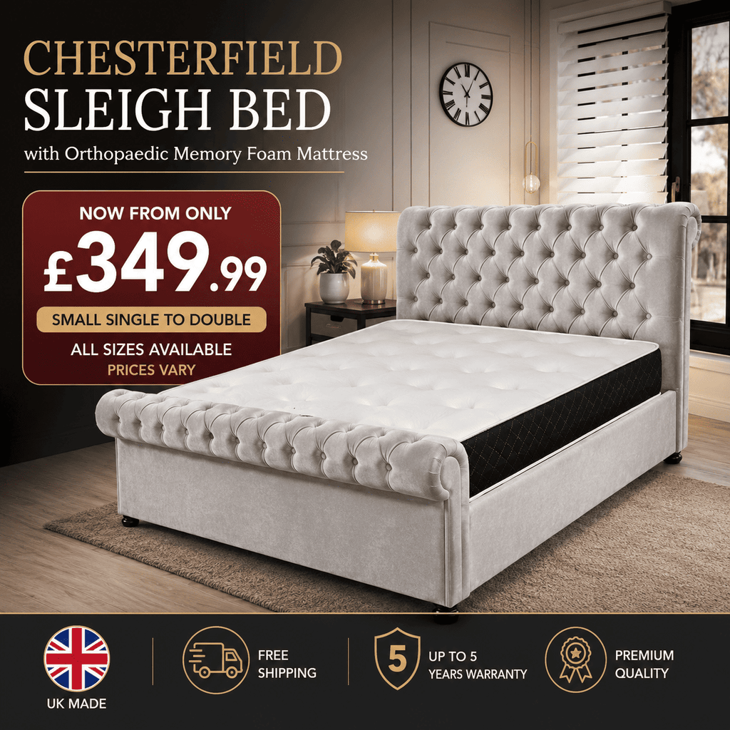 Classic Chesterfield Sleigh Bed &  Memory Foam Mattress Bundle