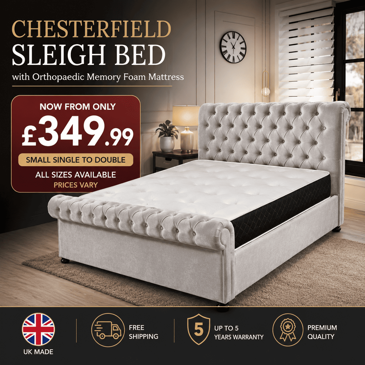 Classic Chesterfield Sleigh Bed &  Memory Foam Mattress Bundle