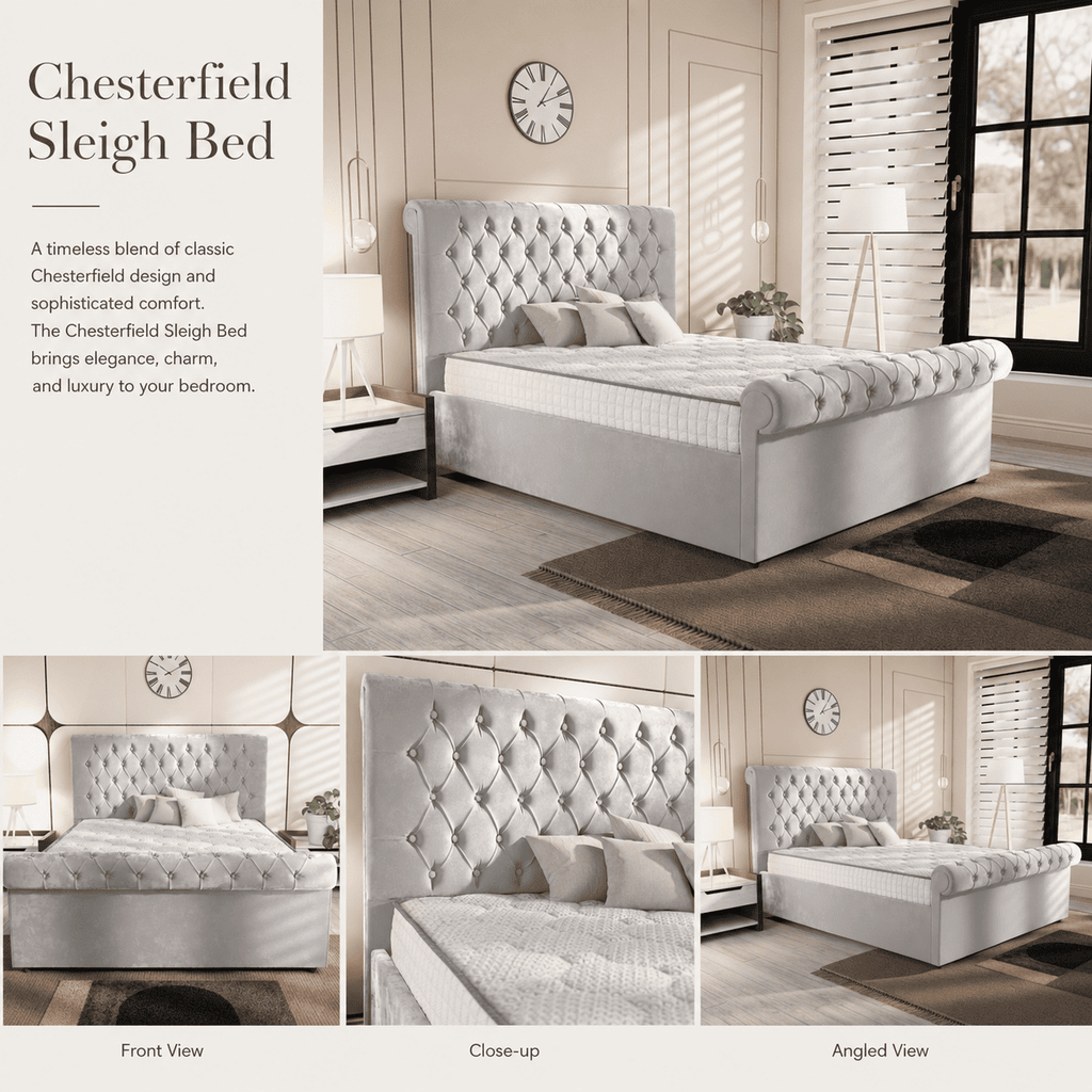 Classic Chesterfield Sleigh Bed &  Memory Foam Mattress Bundle