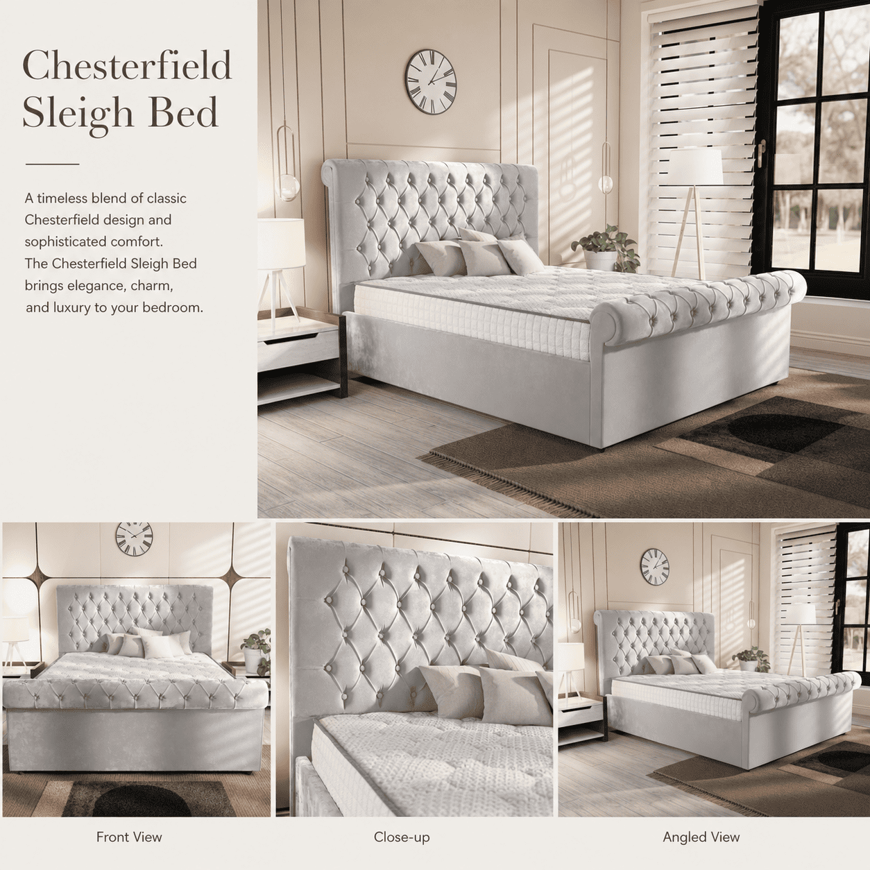 Classic Chesterfield Sleigh Bed &  Memory Foam Mattress Bundle