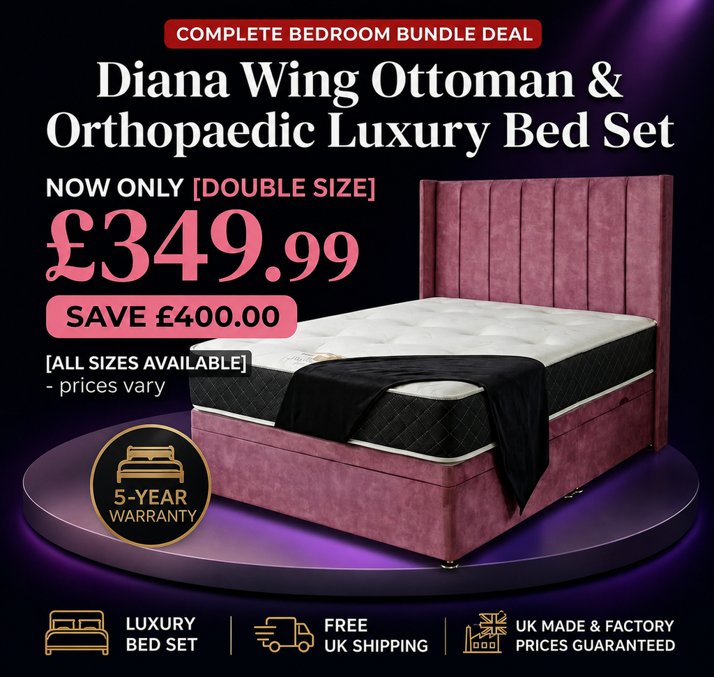 Luxury Diana Wing Ottoman Bed Bundle –  Orthopaedic Memory Foam Mattress |  Save Extra 20%