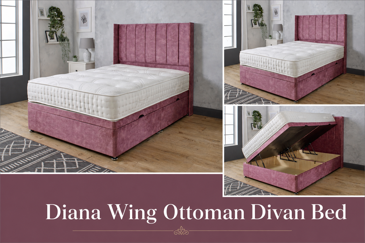 Luxury Diana Wing Ottoman Bed Bundle –  Orthopaedic Memory Foam Mattress |  Save Extra 20%